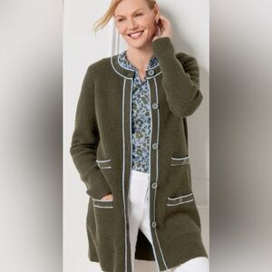 Talbots Longline Cardigan Sweater Coat Olive Green Blue Trim Preppy Cozy Knit S